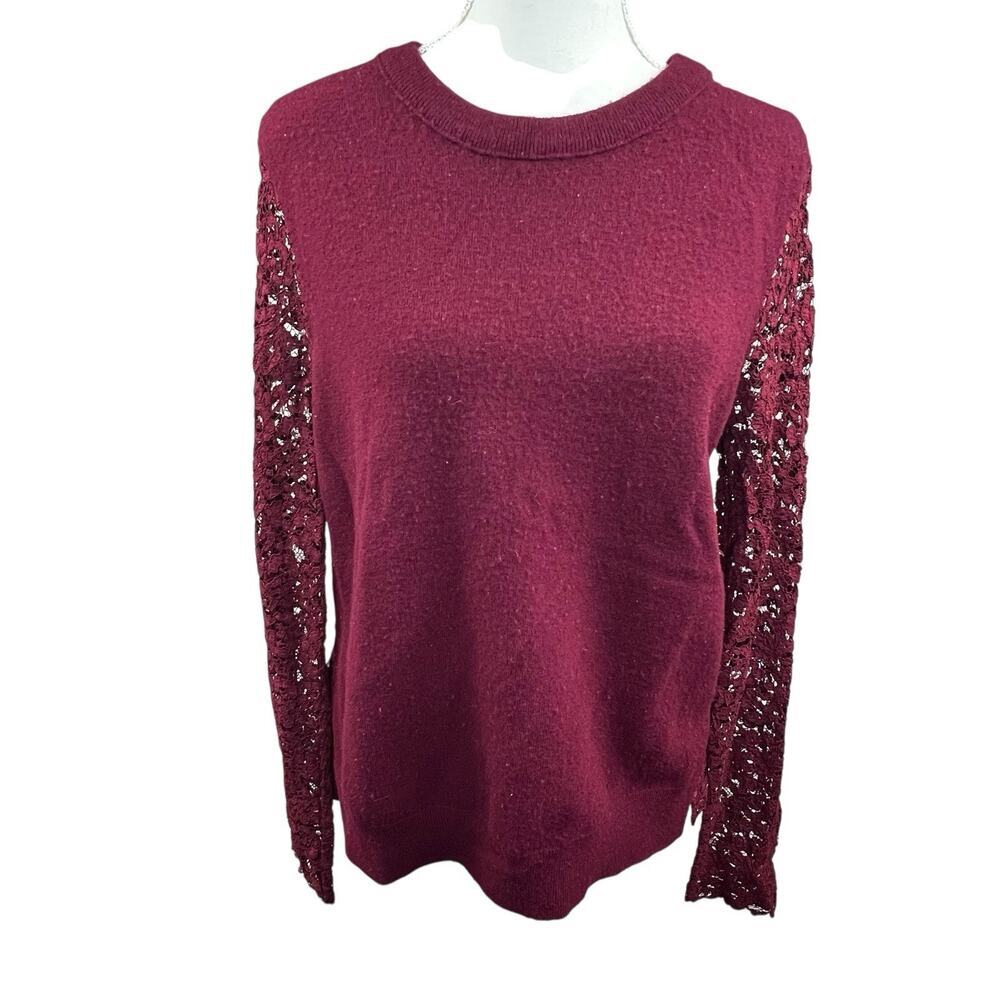 Tory Burch Maroon Dina Merino Wool Lace Sleeves Crew Neck Sweater L Peplum Back